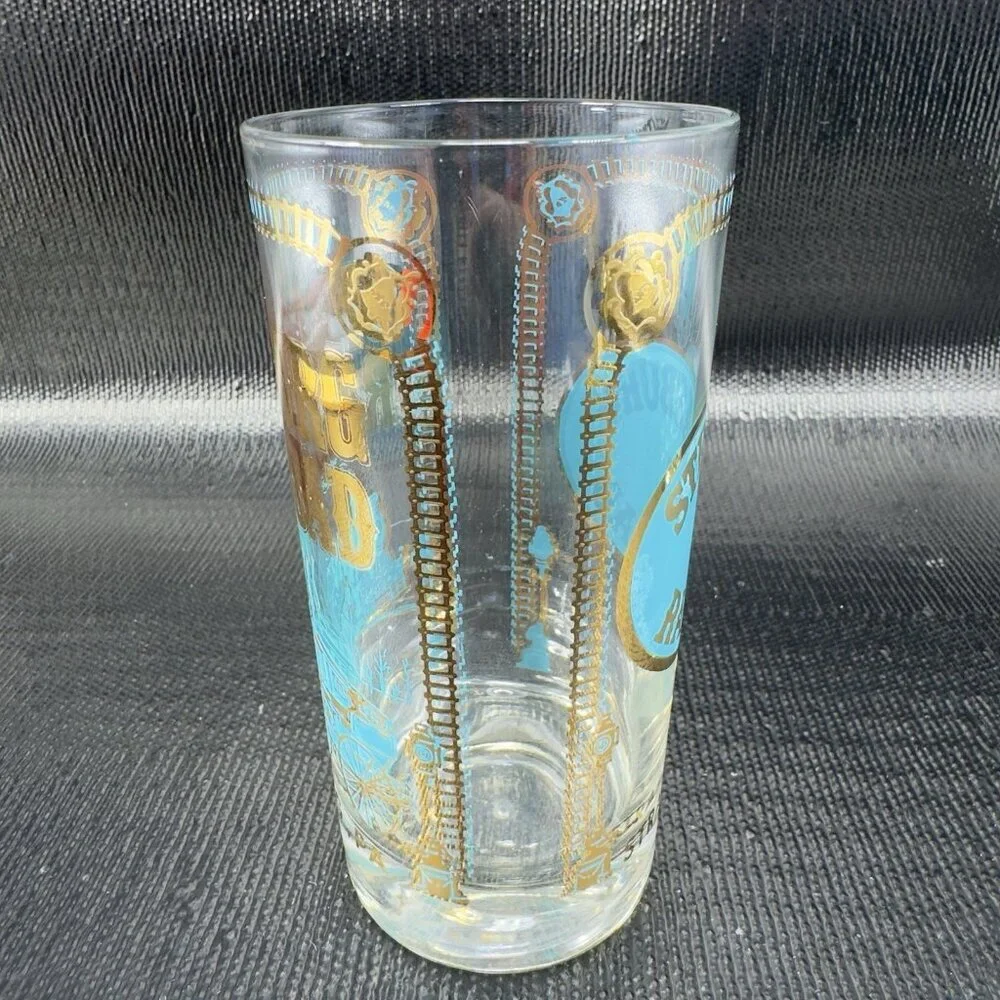 1960s STEAMBURG RAIL ROAD Barware Glasses Cups‎ Highball Tumblers Vintage Set 3